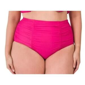 RAISINS CURVE High-rise Ruched front Costa Swim Solid Pink Bikini Bottom 22W NWT